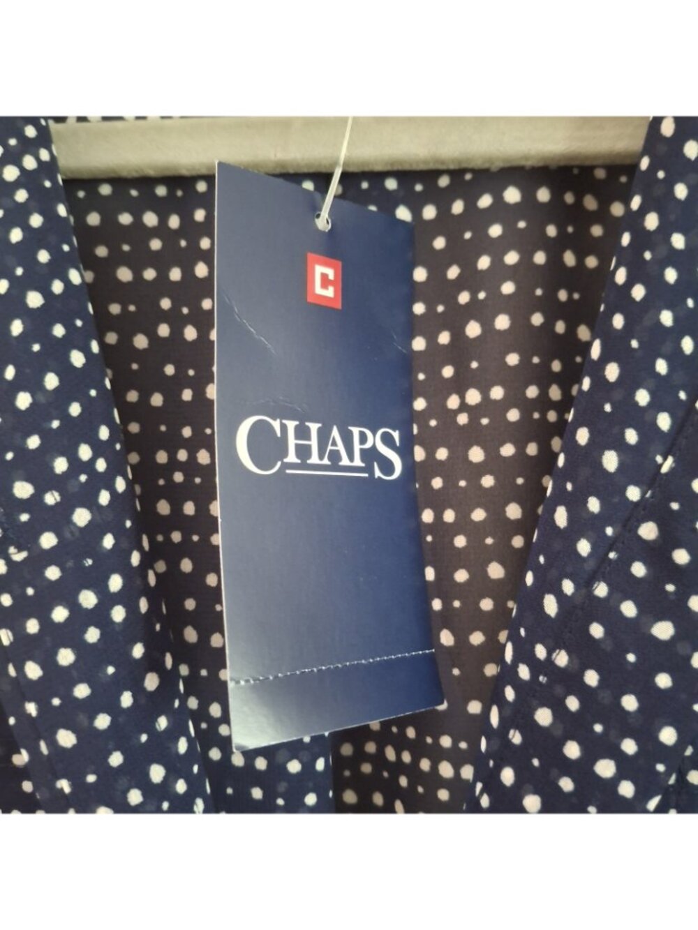 Women's Chaps Button Down Blouse SZ L Navy White Polka Dot Sheer Tunic NWT - Picture 7 of 9